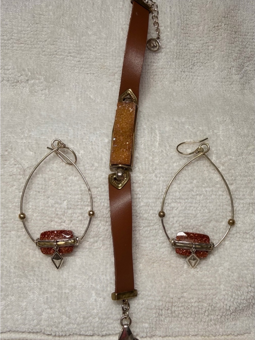 Brown Leather and Amber Silpada Druzy Bracelet with Matching Earrings Set
